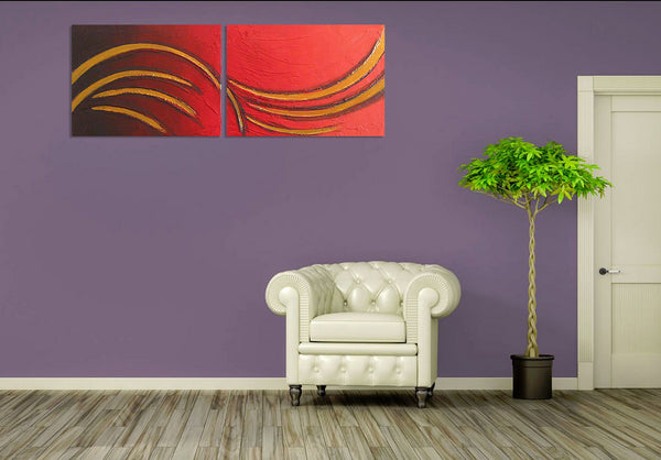 oversized metal wall art  orange and gold painting on a purple wall