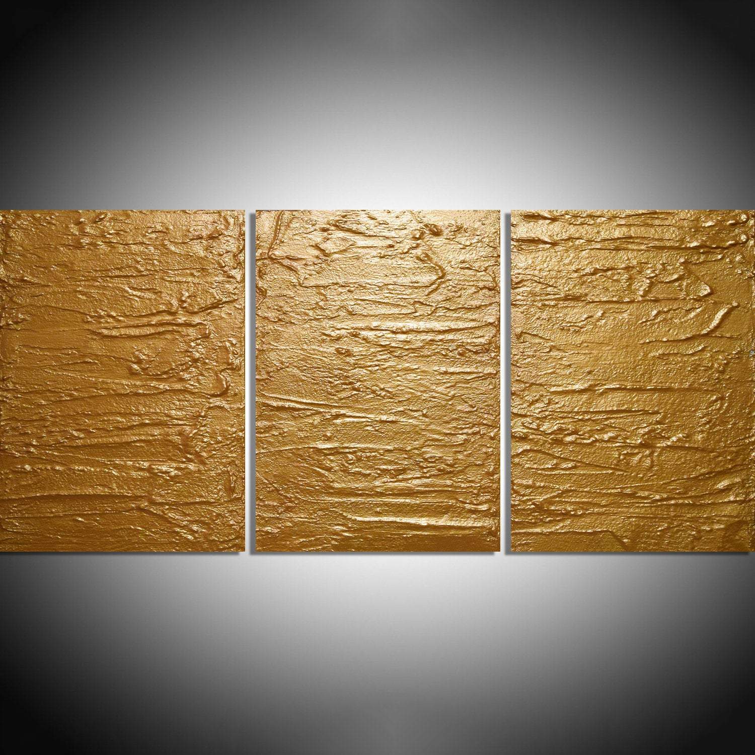metallic triptych paintings for sale " Solid Gold " three large canvases in 3 big sizs for home and office
