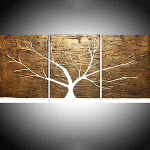 oversized metal wall art, white tree of peace, canvas triptych