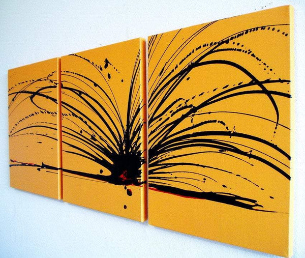 canvas triptych painting " Buttercup Chaos " in golden yellow and black