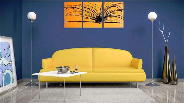 canvas triptych painting " Buttercup Chaos " on blue wall