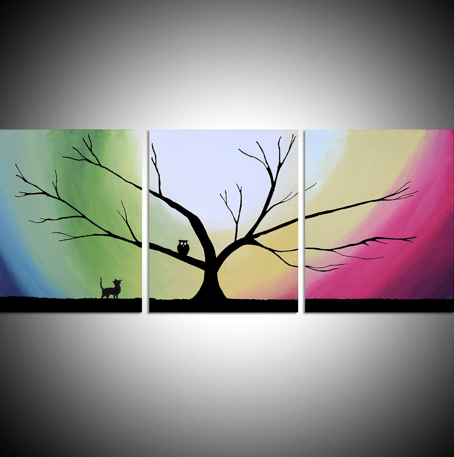 Original acrylic paintings on canvas abstract triptych landscape tree owl and the pussycat painting large wall art Modern 20 x 48 "