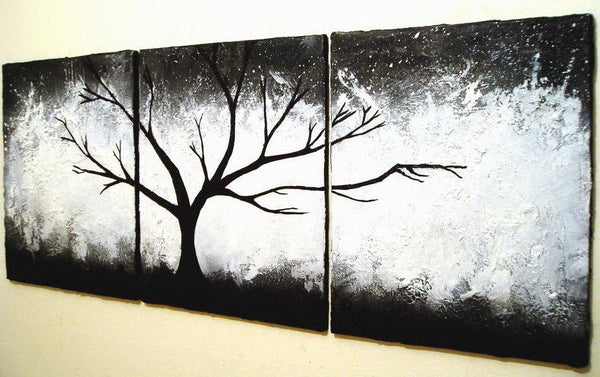 Original painting triptych extra large painting abstract canvas original artwork impasto canvas art black white Painting 20 x 48 "