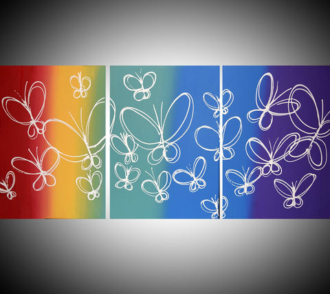 butterfly line art triptych canvas paintings for sale " butterfly delight 2  " large wall art