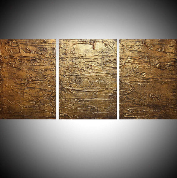 oversized metal wall art canvas triptych paintings for sale " Gold Triptych " beautiful and elegant