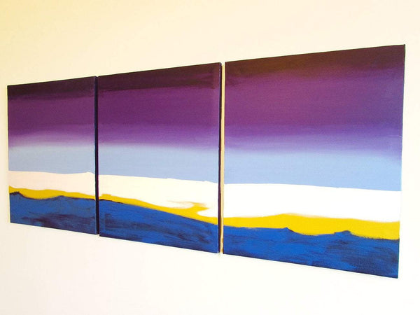 Purple flats, an elegant triptych painting for home and office on white wall