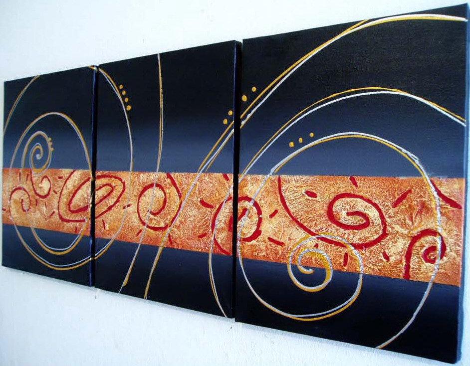 oversized metal wall art triptych canvas painting Circular Symphony