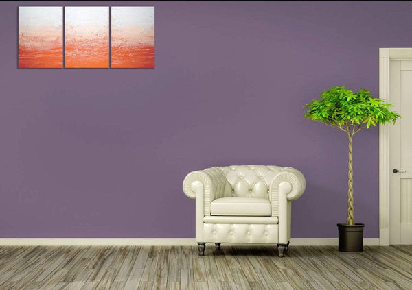 Tangerine Triptych orange abstract painting on canvas on purple wall 
