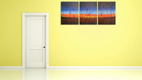 The Lake view triptych canvas paintings on yellow background