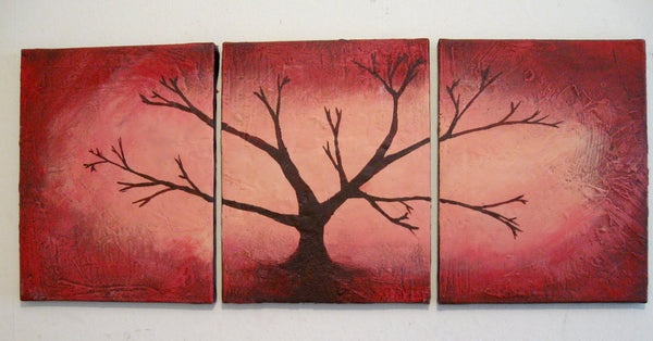 The Red Wood abstract tree painting in triptych canvas art 3 big sizes