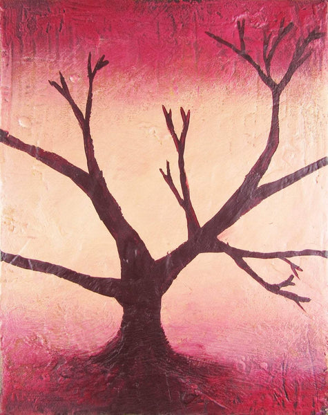 The Red Wood abstract tree painting in triptych style on canvas