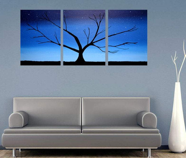 Tree abstract painting Blue canvas triptych
