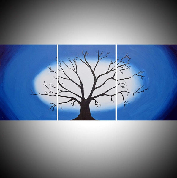 blue abstract tree painting large triptych wall art