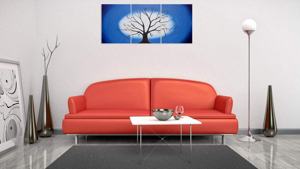 large canvas wall art, in triptych style  blue on white wall