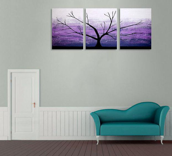 large triptych wall art "Purple Tree of Life" forest canvas