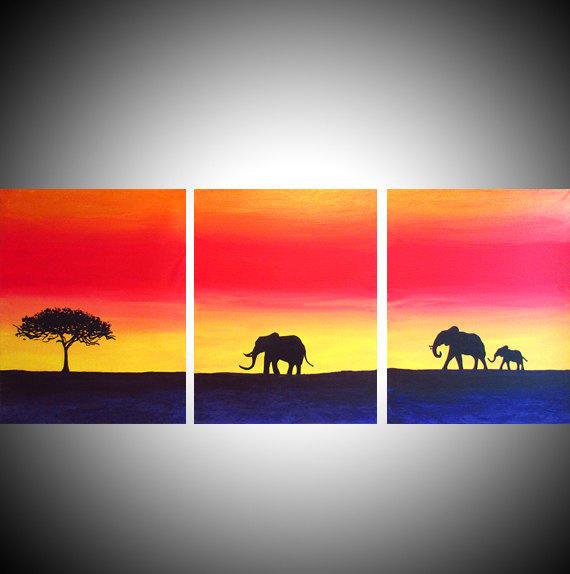 triptych african Elephant paintings for sale