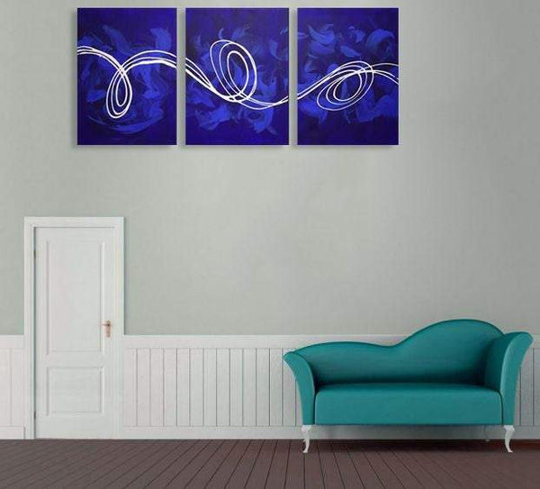 triptych huge wall art  wall acrylic "Deep Blue" huge canvas art 3 panel original  art three panel wall decor home decor 3 extra large sizes