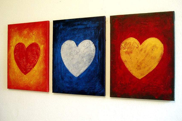 canvas triptych paintings  "three of hearts"  large wall art