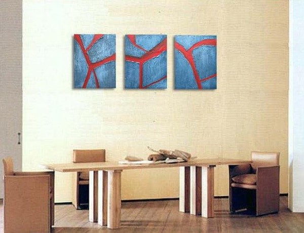triptych painting in blue with impasto effects for sale  " Cracked Earth" on canvas