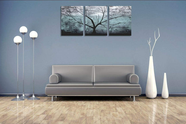 triptych paintings on canvas, original  " Turquoise Woods "  3 big sizes