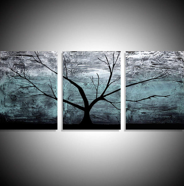 triptych paintings on canvas, original  " Turquoise Woods "  3 big sizes