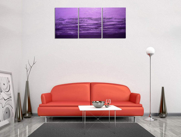 triptych paintings on canvas, Purple Triptych 2 on white wall