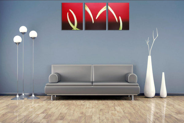 triptych set of paintings on canvas " Flame On " original abstract art uk on a grey wall
