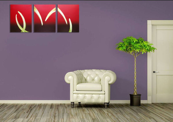 triptych set of paintings on canvas " Flame On " original abstract art uk in red and brown on a purple wall