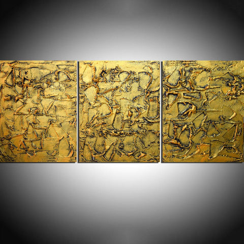 canvas triptych " Golden Influence " on grey bg
