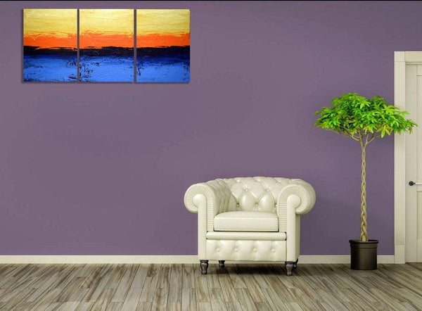 canvas triptych " Persuasion " large style wall art on purple wall 