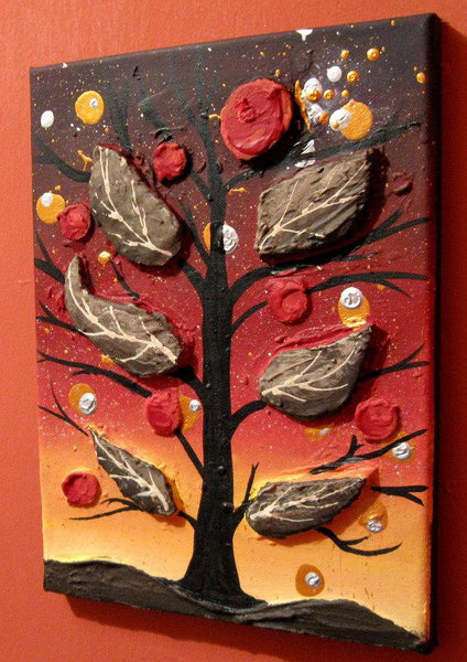 wall canvas assemblage art landscape painting "Autumns Night" tree of life woodland nursery painting modern paintings on textured impasto