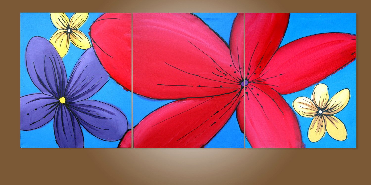 Wall triptych art "floral hacienda" modern painting Abstract Painting flower floral art  huge wall art large 3 big canvas sizes